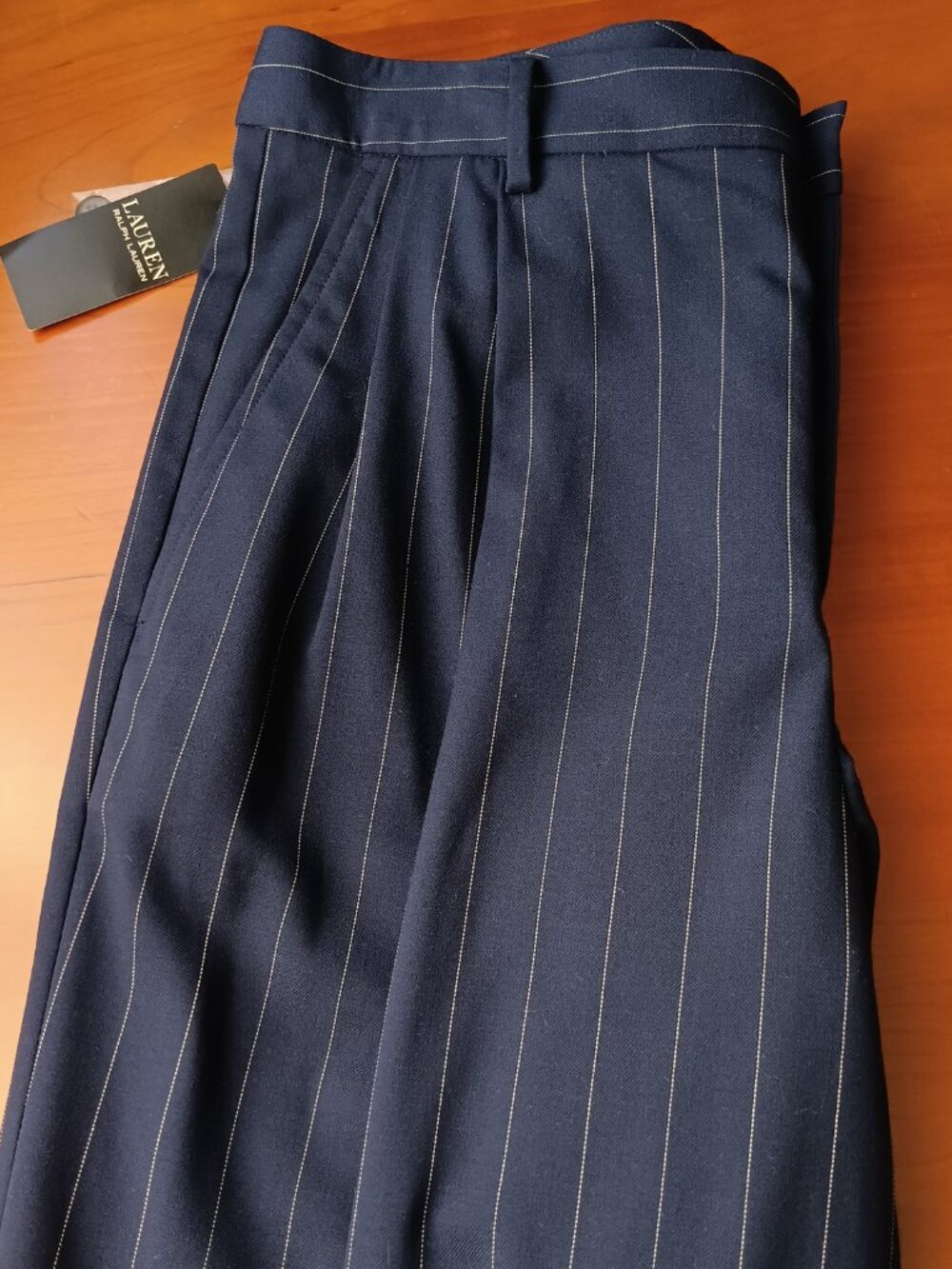 NWT Ralph Lauren Wool Blend Pleated Pinstripe Wide Leg Cuff Pant Size 8